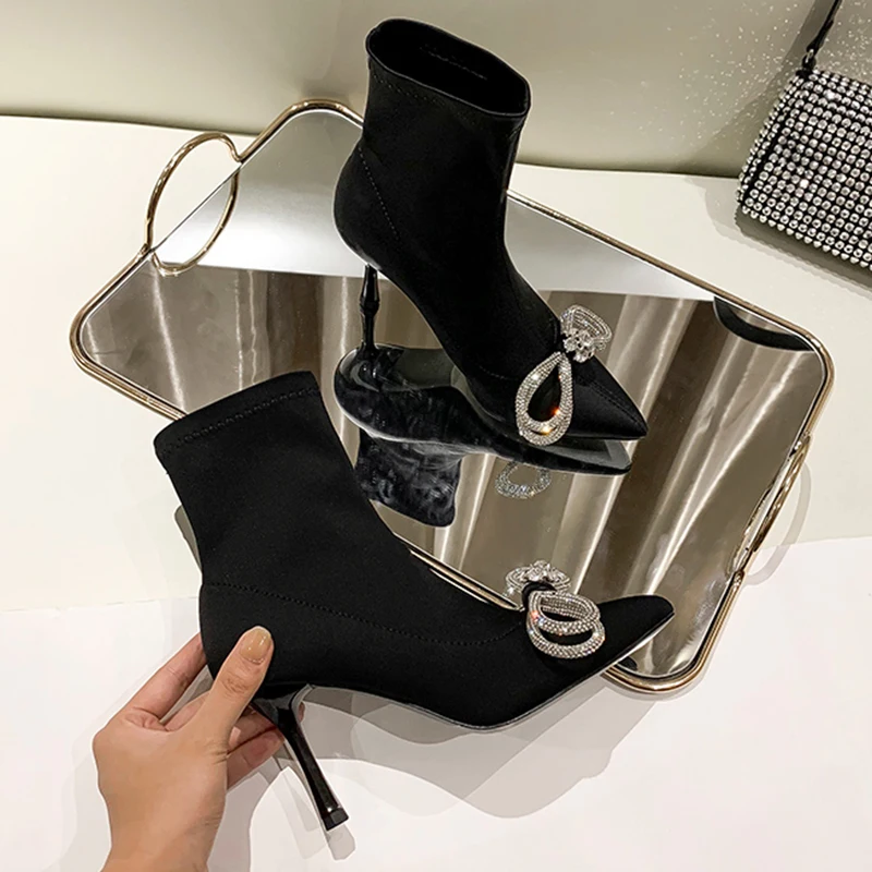 Nuova tendenza inverno stivali di lusso in cristallo scamosciato moda stivali Chelsea Goth tacchi alti scarpe caviglia 2024 stivali Casual Chaussure