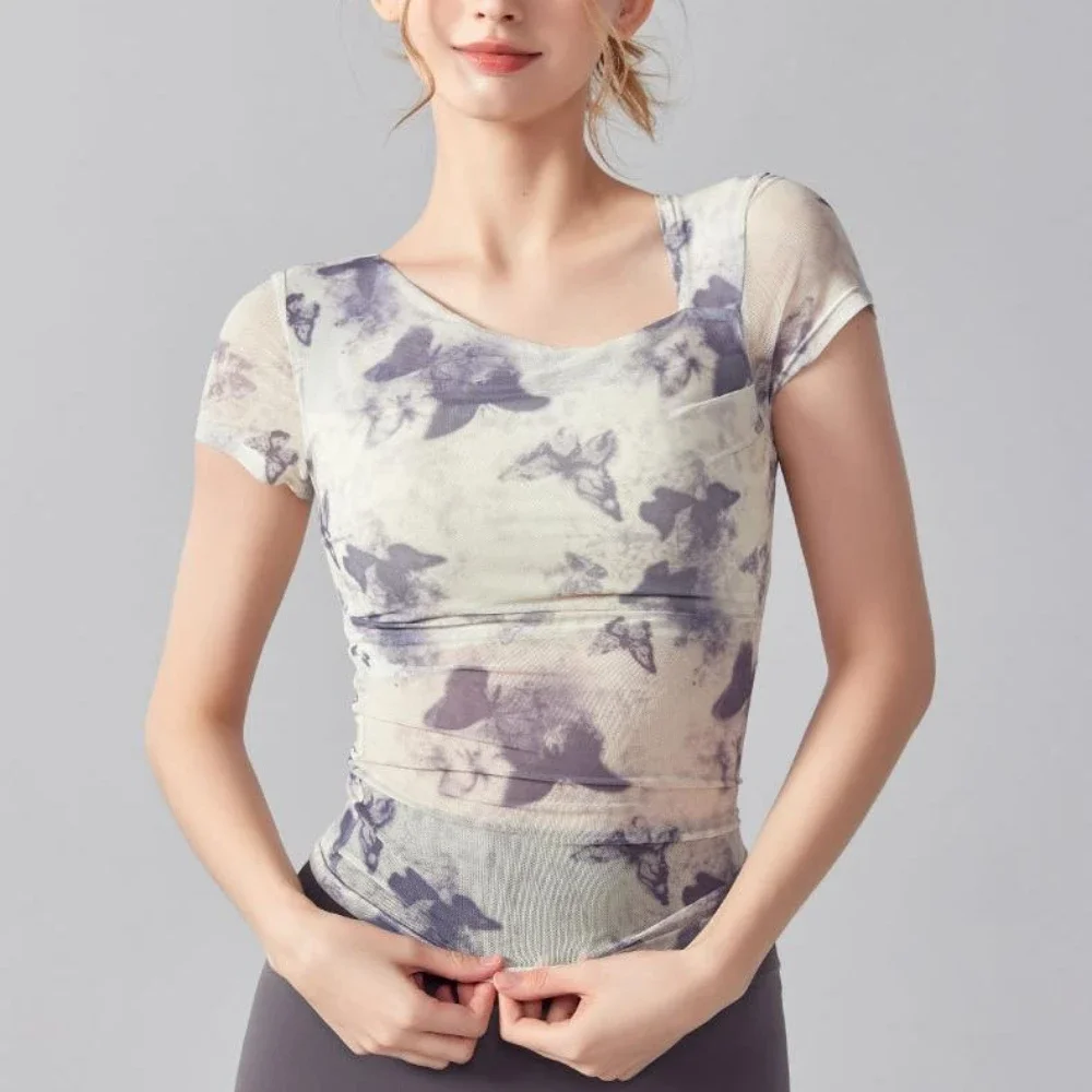 

MIML Women Yoga Clothing Ink Painting Mesh Yoga Wear Short Sleeve with Chest Pad Slim Fit Drawstring Traditional Chinese Style