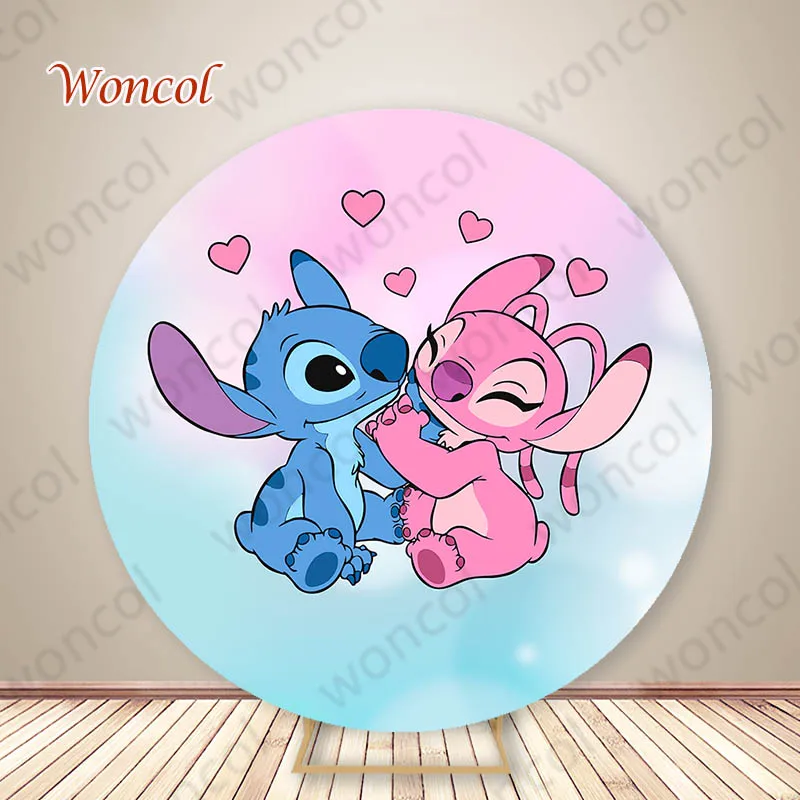 Disney Stitch And Angel Round Backdrop Child Birthday Baby Shower Backdrop Lilo & Stitch Round Cylinder Cover Decor Studio Prop