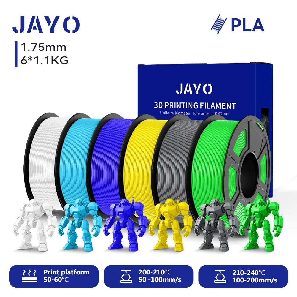 JAYO 6 Rollen 3D PLA Druckerfilament 1,75mm Ungiftig & Blasenfrei PLA-Kunststoff als 3D-Druckfilament für 99% der 3D FDM Drucker & Stifte
