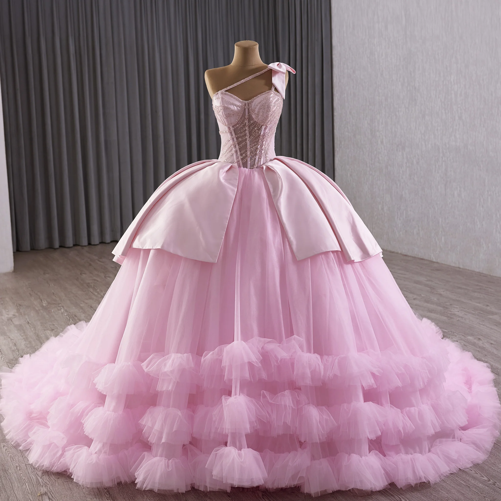 

Rosymae Elegant Pink One-Shoulder Asymmetrical Neckline Quinceanera Dress Intricately Detailed Full Puffy Skirt Lace-Up Closure