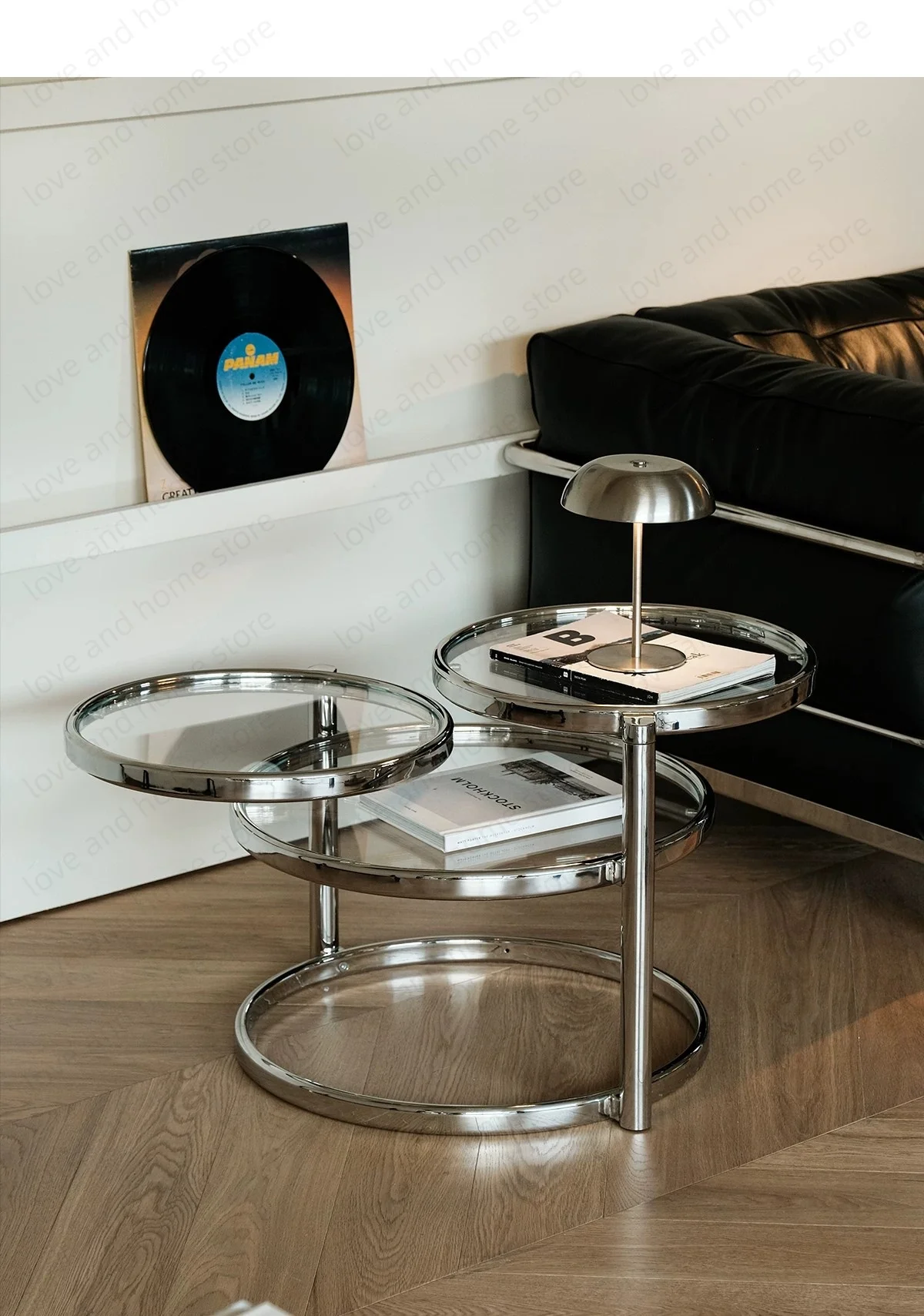 Bauhaus TN331 Inspired 3‑Tier Swivel Tempered Glass Coffee Table Stainless steel Frame Rotating Round Side Table