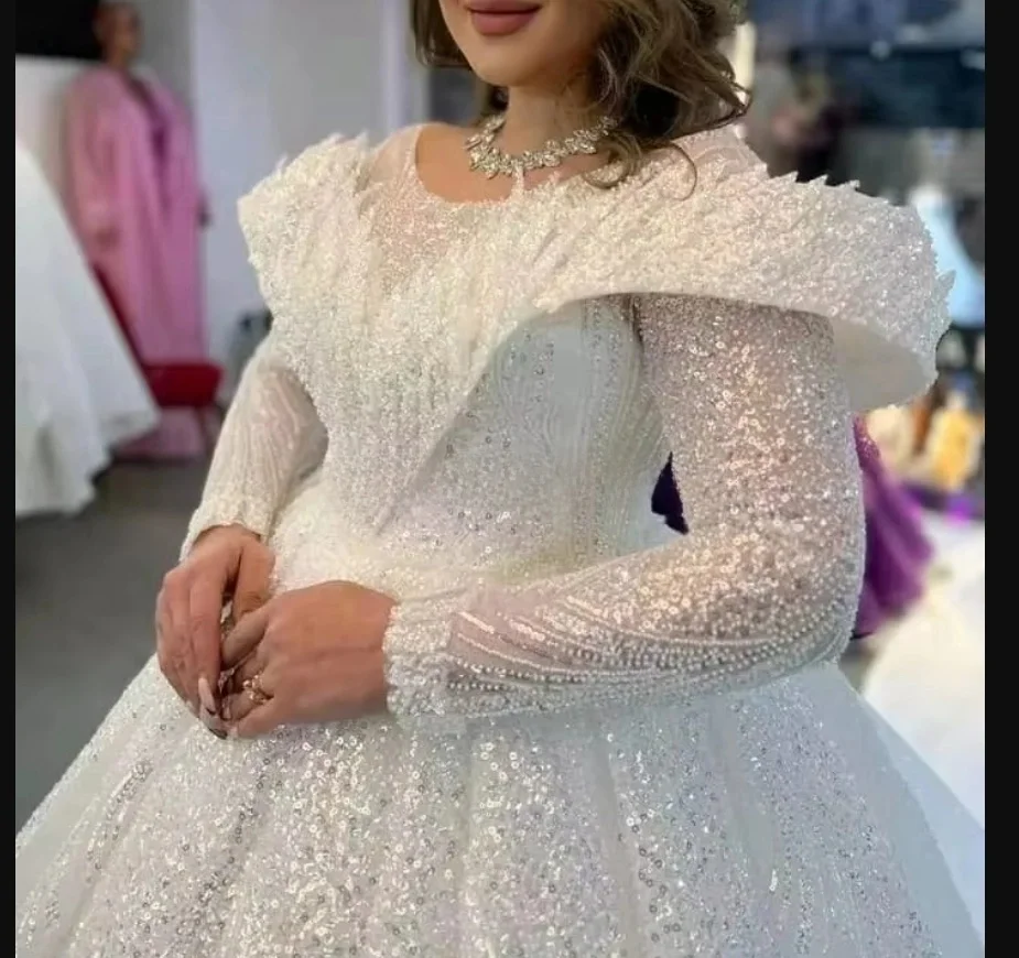 تخصيص الفاخرة اليدوى الخرز الثقيل الترتر Ballgown فستان الزفاف Vestidos De Novia طويلة الأكمام فساتين الزفاف الأنيقة #4