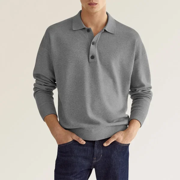 Herren-Poloshirt mit Reverskragen und Knopfleiste, Langarm, Strick, locker sitzend, einfarbig, lässig, für den Alltag, Pendler-Pullover – Detail 7