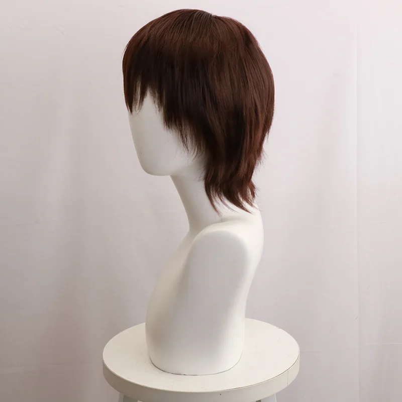 Peluca de cosplay de anime marrón oscuro de Osamu de Dazai para perros Bungo Stray, hecha de seda de alta temperatura, patrón de rosa