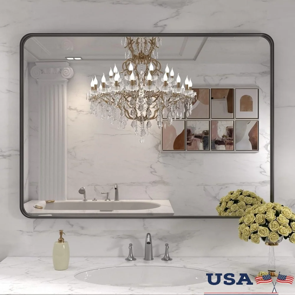 

Прямоугольное зеркало для ванной комнаты в глубокой рамке 40,1x30 дюймов, небьющееся стекло, настенное, устойчивое к ржавчине, алюминиевая рама, закругленные углы