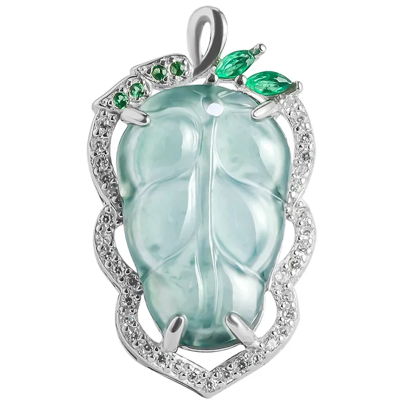 

Burmese Jade Leaf Pendant Vintage 925 Silver Stone Jadeite Men Natural Necklace Blue Gifts for Women Charm Jewelry Gemstones