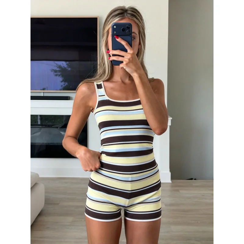 New retro contrasting striped vest shorts two-piece set for women's stretch slim fit quick drying casual spicy girl set
