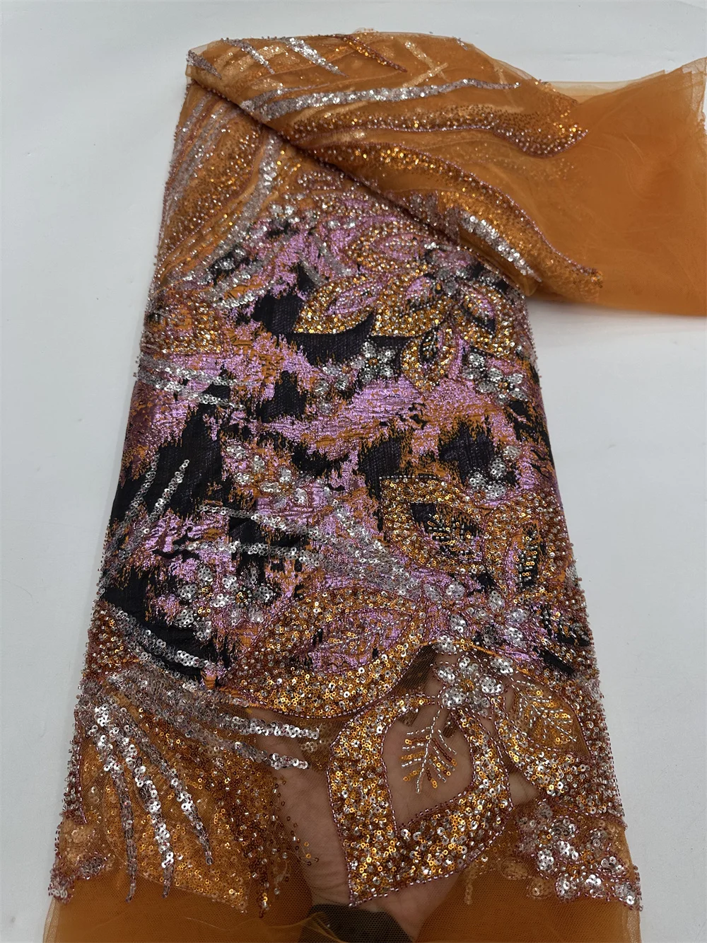 

Orange Luxury African Sequins Lace Fabric 2025 High Quality French Nigerian Mesh Groom Beaded Lace Fabric For Sewing Women Dress