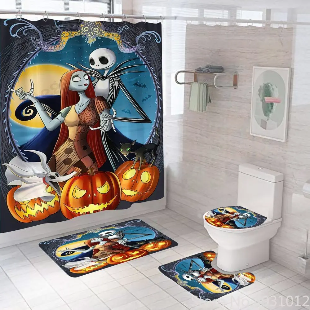  Anime Nightmares Before Christmas Shower Curtain Set 4pcs For Bathroom Waterproof Jack and Sally Bath Curtains Decoration