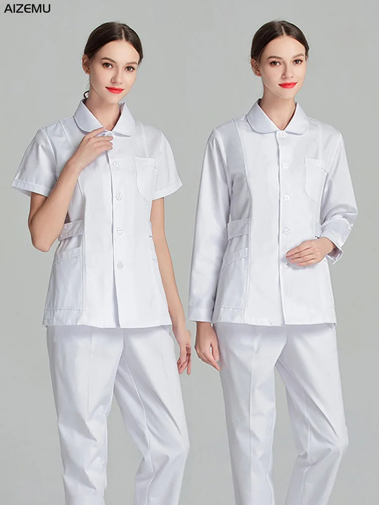 White Short Scrubs Top Nurse Uniforms Set Lab Coat Doctor Uniform Women Medical Clothing Pink Beauty Salon Long Sleeve clothes