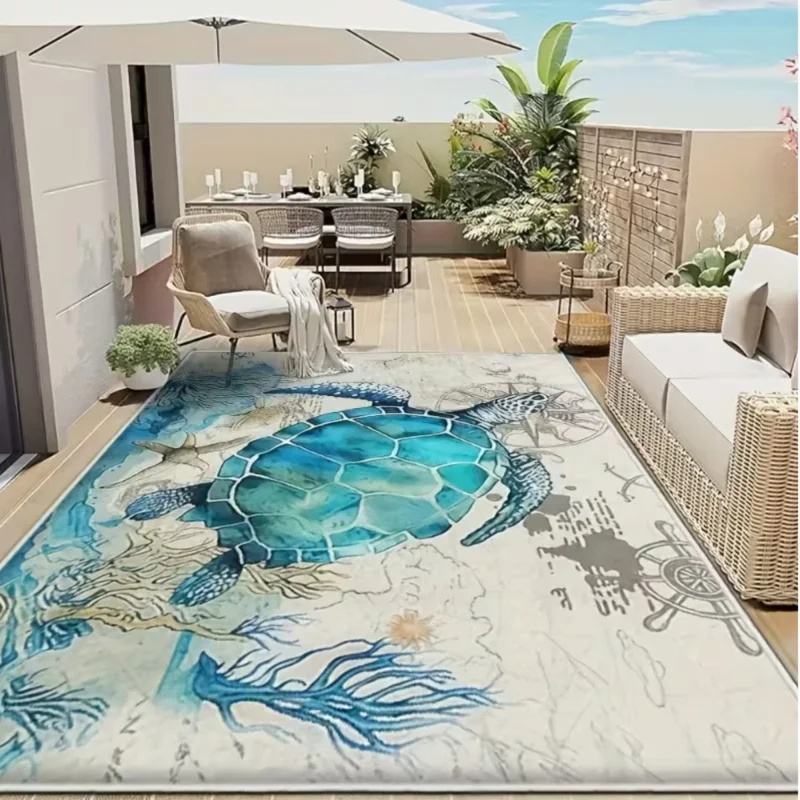 VIKAMA Sea Turtle Nautical Map Print Area Rug Waterproof Non Slip Soft Indoor Outdoor Carpet for Patio Living Room Bedroom Rug
