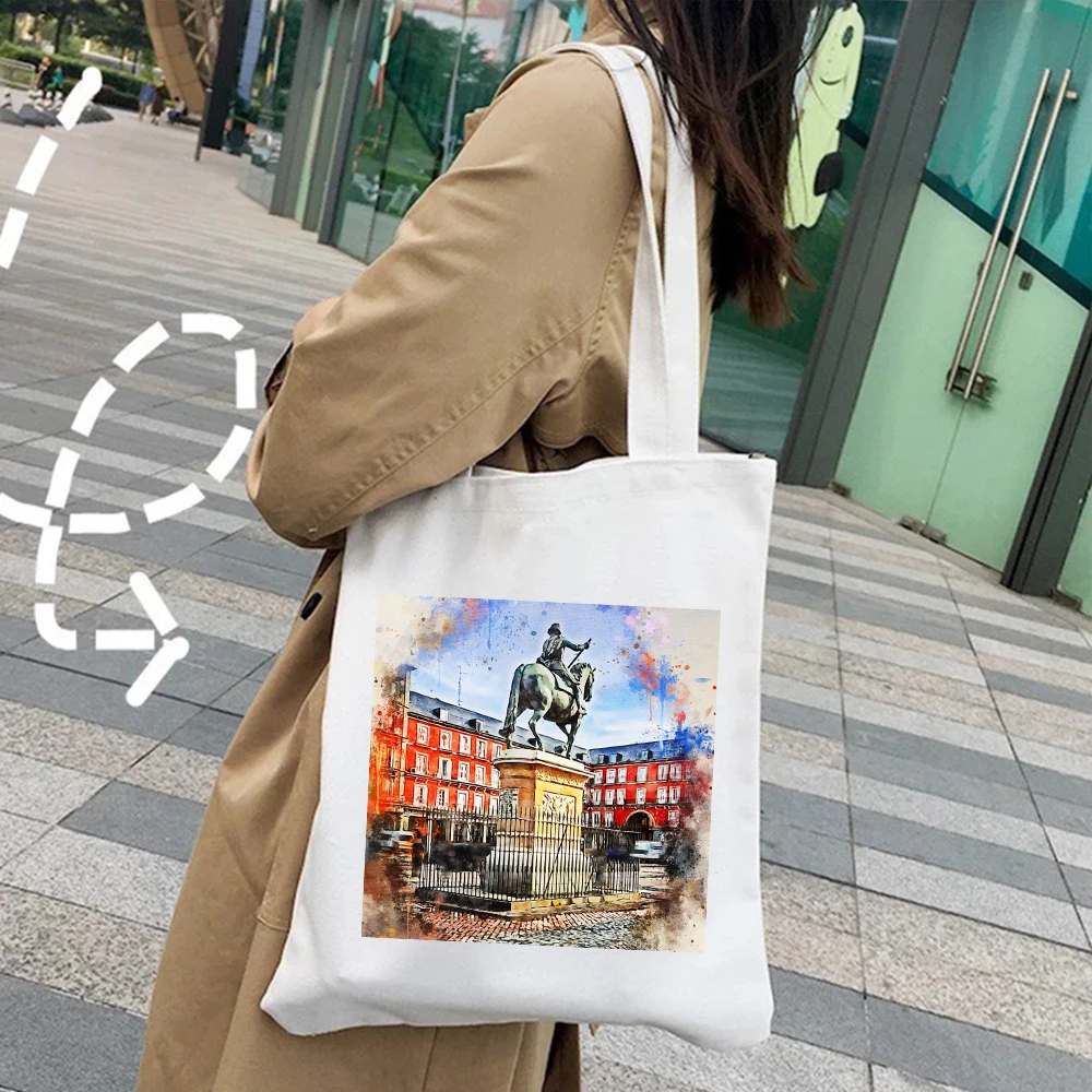 London Madrid Cairo Budapest Venice Sydney Tokyo Watercolor Women Girl Canvas Shoulder Handbags Totes Eco Shopper Shopping Bags