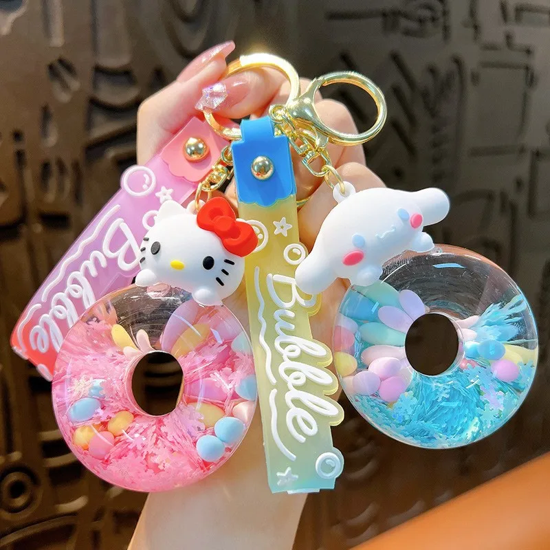 Sanrio Creative Oil Sugar Bean Doughnut Keychain Kuromi Flowing Sand Swimming Circle Car Keychain Small Gift