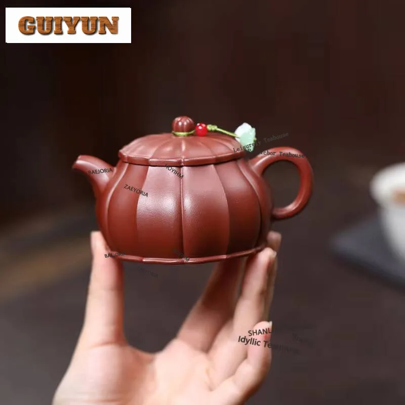 140ml Antique Yixing Purple Clay Teapots Handmade Red Veins Bloom Pot Raw Ore Red Leather Dragon Mud Kettle Zisha Tea Set Craft