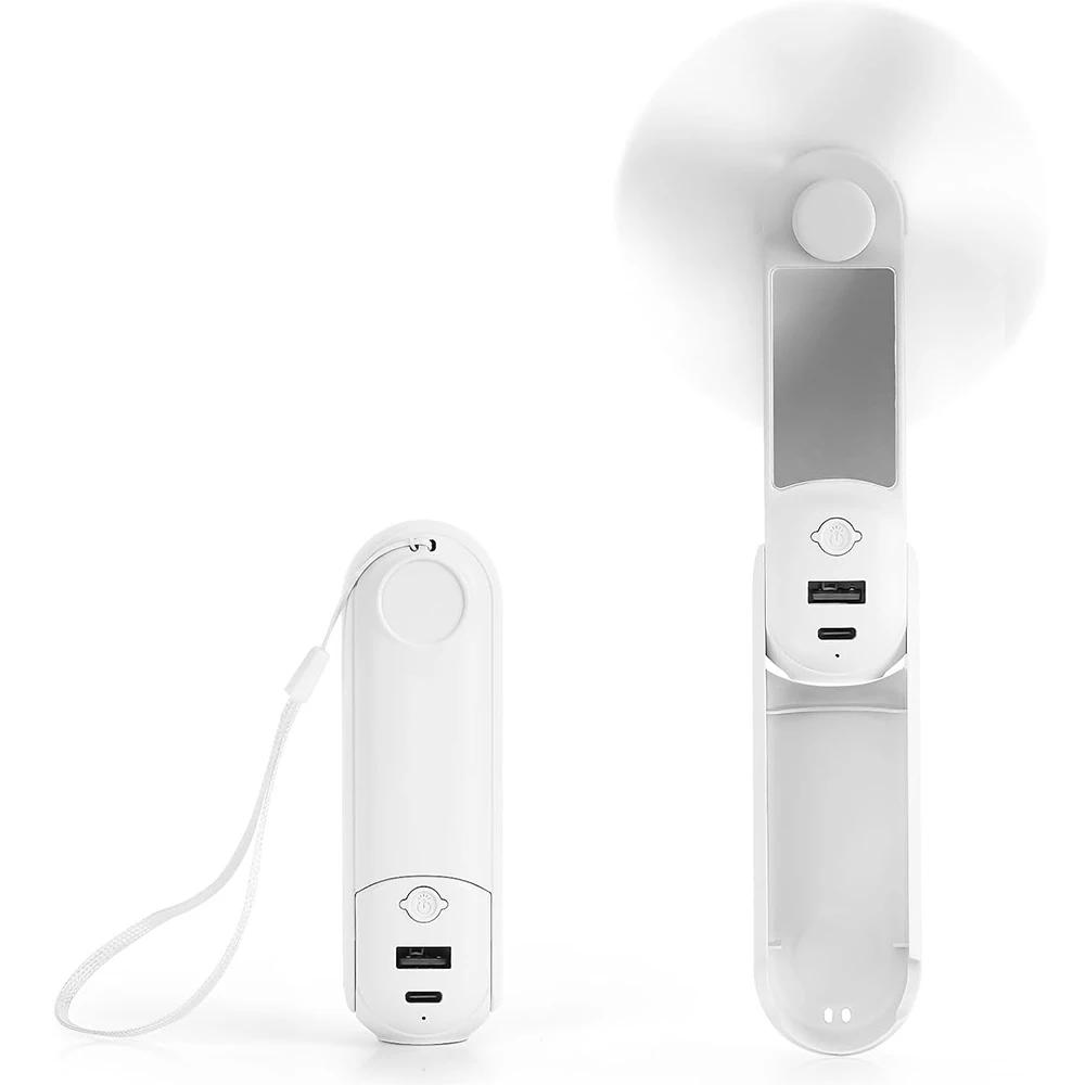Taschen-Mini-Ventilator, Geräuschlos, Wiederaufladbar, Kleiner Elektrischer Lüfter für Draußen, Tragbarer Handventilator mit Telefonhalter und Spiegel, Multifunktionaler Mini-Ventilator