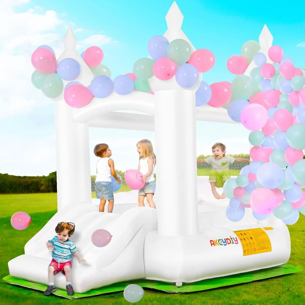 

White Bounce House, Inflatable Bouncer with Air Blower,Indoor & Outdoor Bouncy Castle with Slide for Wedding Party Kids Birthday
