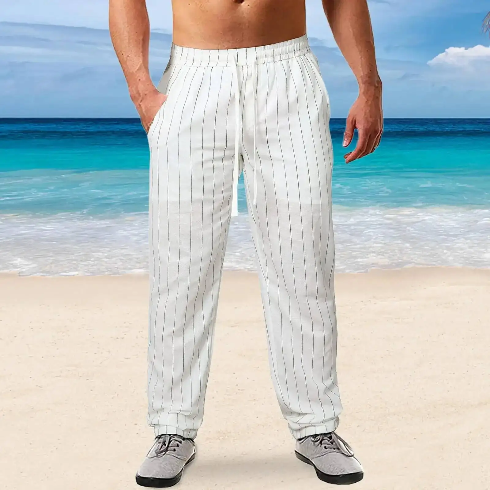 European And American New Men's High Quality Vertical Stripe Elastic Waist Cotton Linen Beach Casual Pants