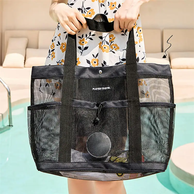 ตาข่ายกระเป๋าชายหาดขนาดใหญ่ Beach Tote Bag Sandproof สระว่ายน้ําแบบพับได้สําหรับ Cruise Swim Vacation Essentials ใหม่