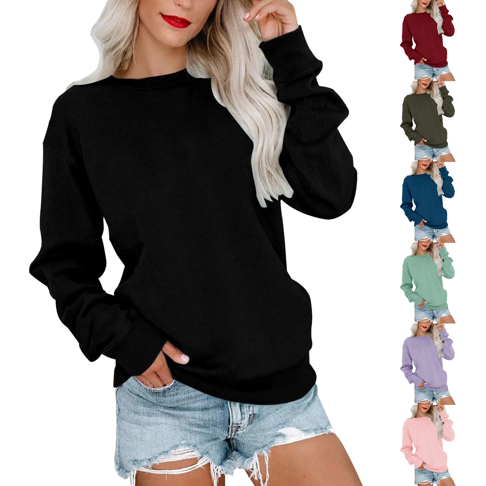 2024 Women\'s Autumn Winter Daily Sweatshirts Long Sleeve Loose Casual Solid Fashion Pullover Sports Long Sleeve Tops For Women