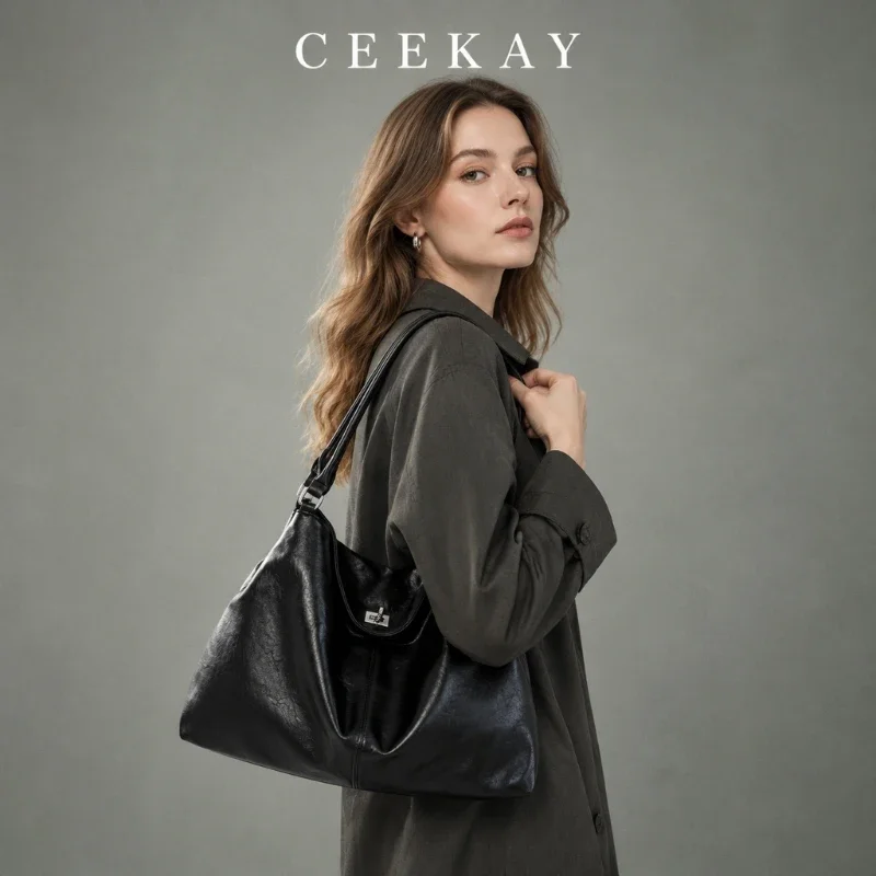 CEEKAY Black Leather Slouchy Hobo Bag Twin Handle Metal Accent Ruched Detail All-Match Daily Wear Roomy Elegant Chic for Women