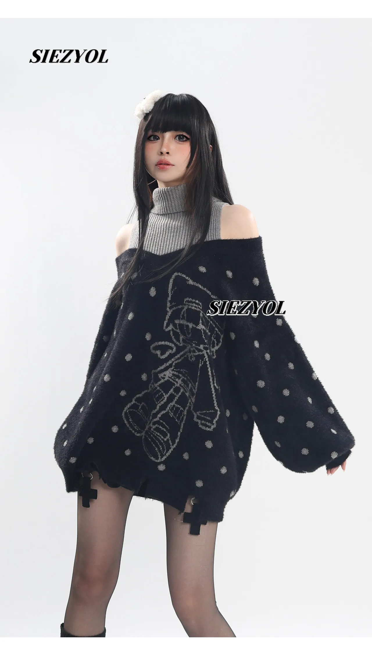 Original Off-shoulder Splicing Sweater Sweet Cool Polka Dot Printing Autumn Winter New Versatile Fake Two-piece Knitted Pullover