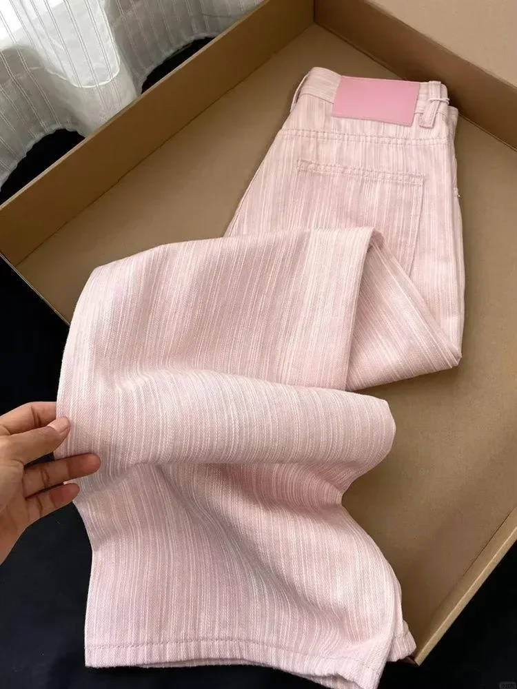 Rosa gestreifte Jeans mit weitem Bein für Damen, Sommer, dünn, neue hoch taillierte, lockere, gerade, drapierte Bodenhose, Damenjeans