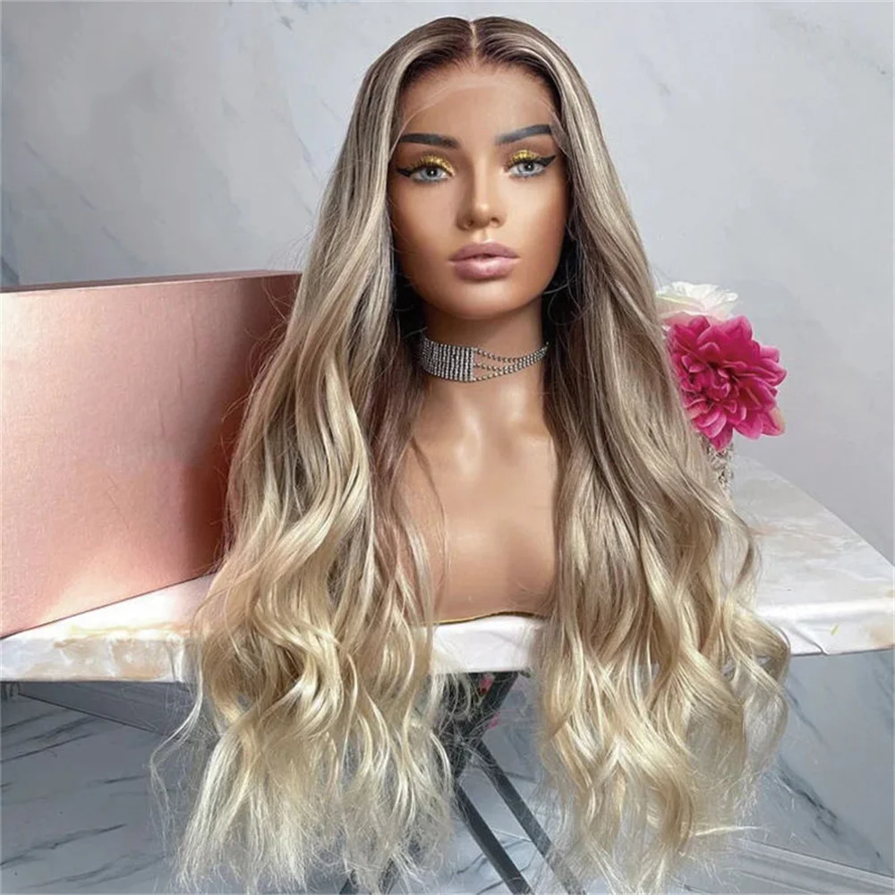 

26 Inch Long Ash Blonde Wig Balayage Highlight Loose Wave Wigs Middle Part Blended 10% Human hair Synthetic Lace Wig for Women