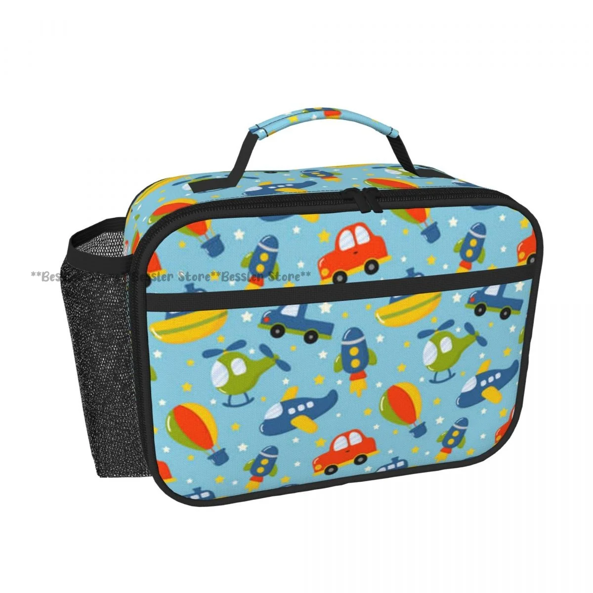 Handheld Thermal Lunch Bag Cartoon Transport Cars Boat Helicopter Rocket Plane Insulated Bento Carrier for Adults Students