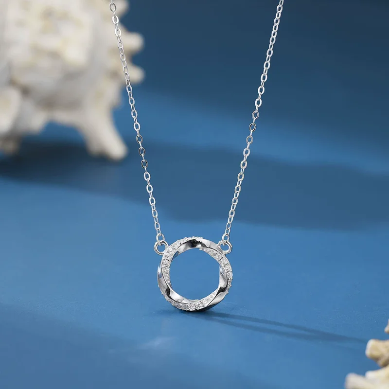 

Exquisite Simple Mobius Twisted Pattern Round Rhinestone Neckalces Women Gift 925 Sterling Silver Jewelry Party Collarbone Chain