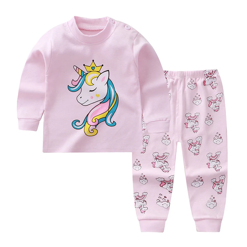 New Kids Boys Girls Pajama Sets Cartoon Print Long Sleeve O-Neck T-Shirt Tops with Pants Toddler Baby Autumn Sleeping Cloth DS39