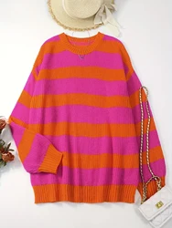 Round Neck Loose Sweater Women's Autumn Winter Pullover Sweater Oversize Blocking Striped Long Sleeve Knit Wear Large Size
