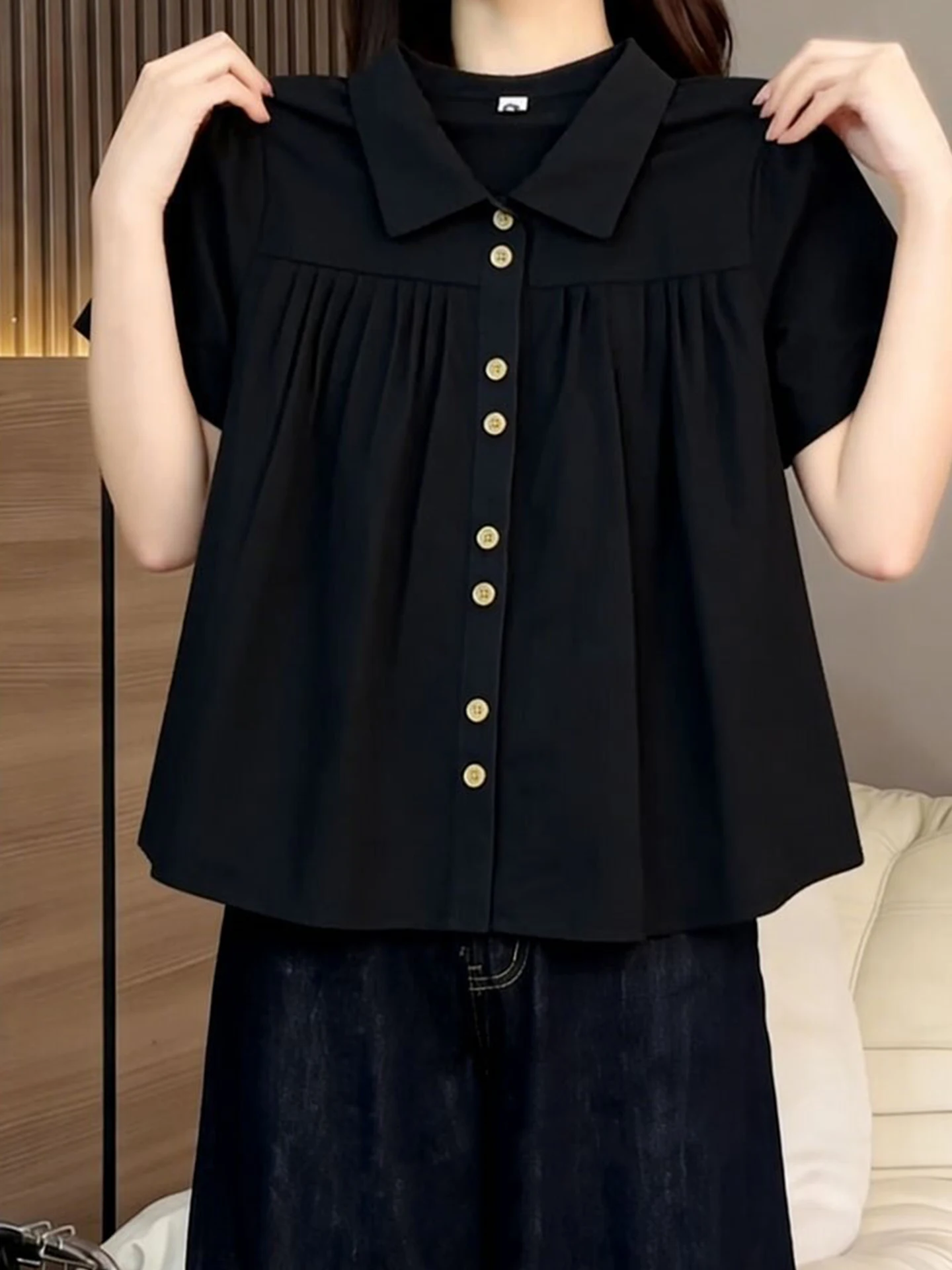 

Single-Button Loose Lazy Style Short-Sleeve Shirt Pure Color Slimming Top Commute Simple Design Women's Fashion Summer Outfit