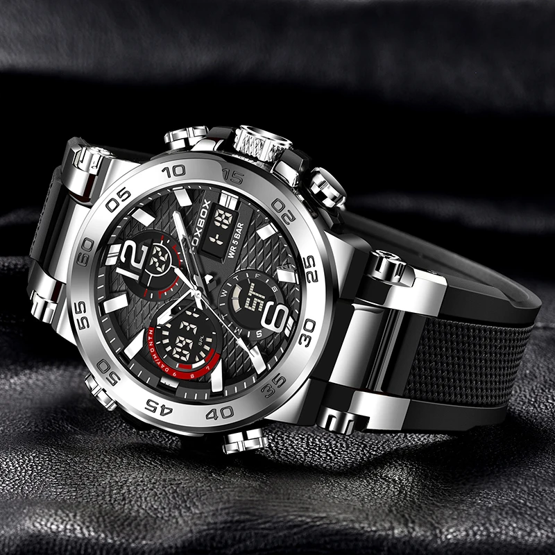 FOXBOX Dual Display Watch Men Outdoor Sports Military Silicone LED Backlight Chronograph Waterproof Watches Male Reloj Hombre