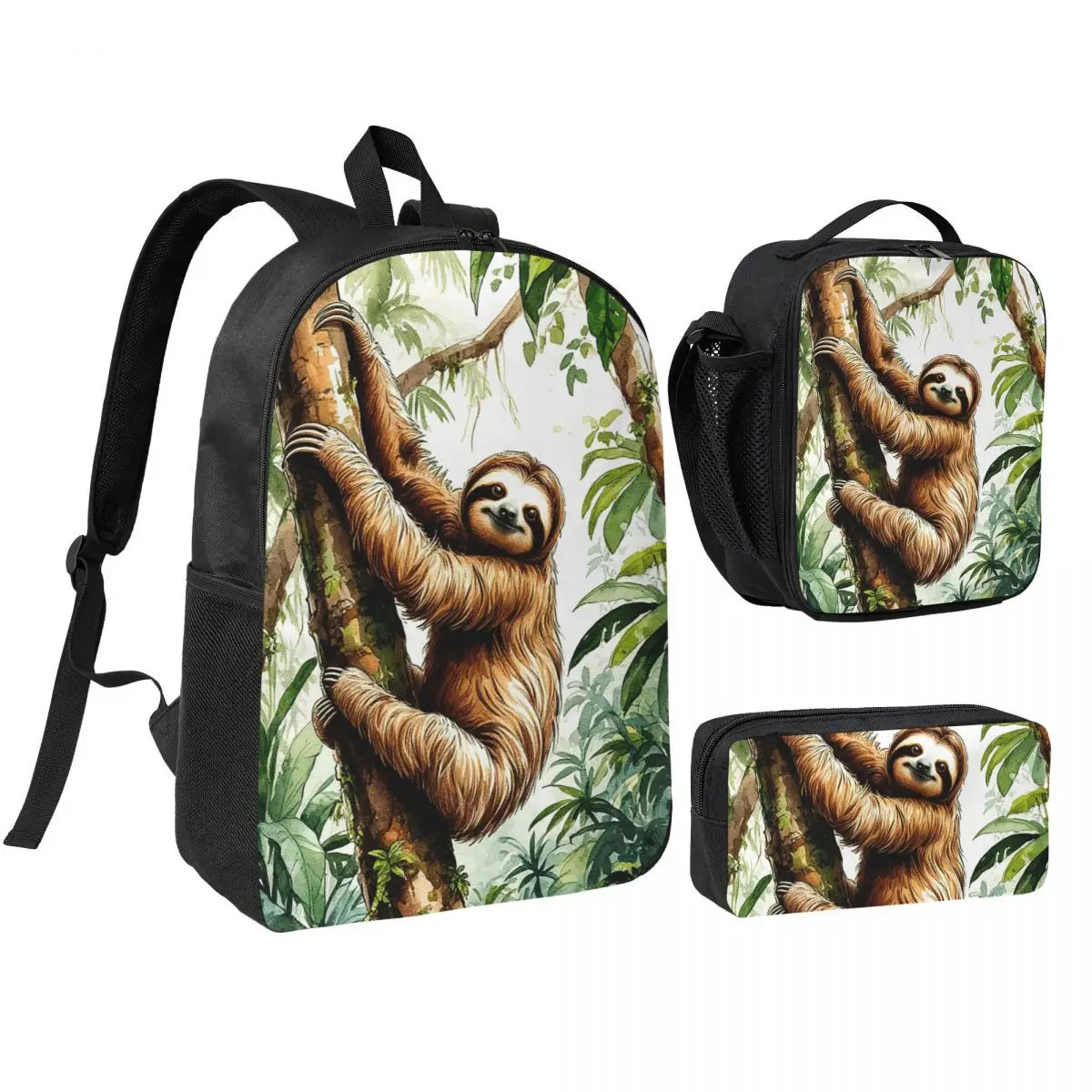 Adorable Sloth Cartoon Print Backpack Student BookBag School Bag Shoulder Bags 3ps Insulated Lunch Bag Pencil Case