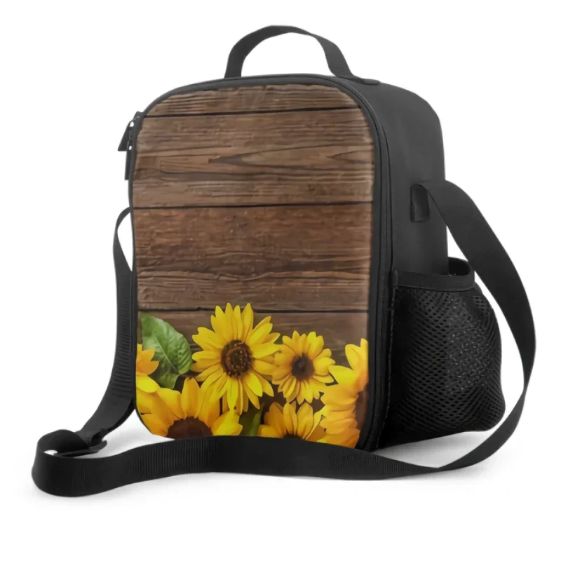 Sunflowers on Wood Insulated Lunch Box Portable Lunch Bags with Adjustable Shoulder Strap Reusable Cooler Tote Bag for Picnic