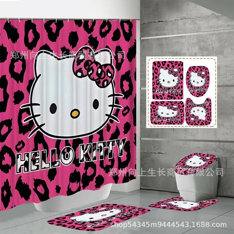 

4pcs Hello Kitty Shower Curtain Set Cute Anime Printed Shower Curtain Toilet Cover U-shaped Pad Decorative Kawaii Gift Wholesale