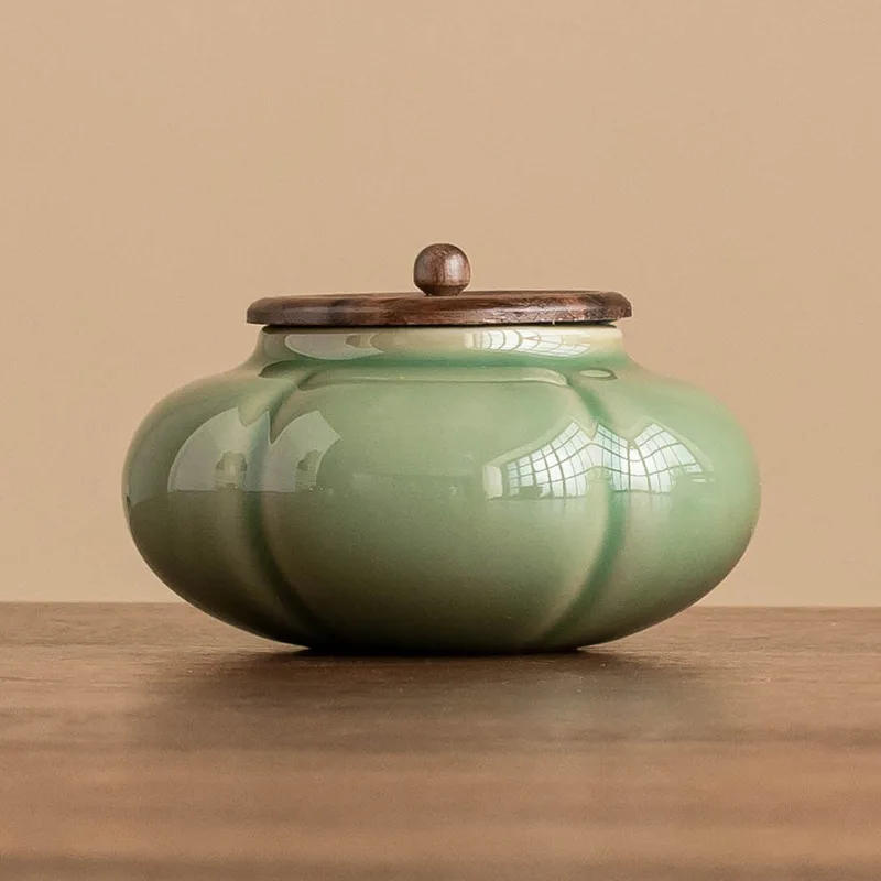 Ebony Pumpkin Tea Canister Ceramic Vintage Candy Box High-End Moisture-Proof Nut Coffee Bean Herbal Storage Jar Decorative Piece