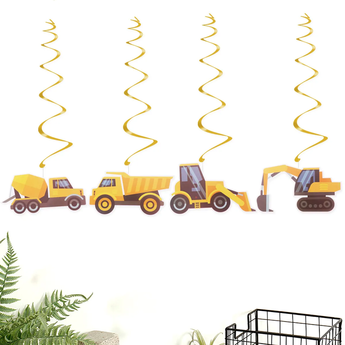 46Pcs Cartoon Construction Swirl Hanging Decorations Excavator Truck Shape Party Ceiling Swirls for Hawaii Summer Baby Shower