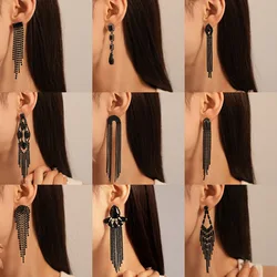 Black Rhinestone Long Tassel Drop Earrings for Women Shiny Full Crystal Dangle Earring for Wedding Party Lady's Ear Jewelry