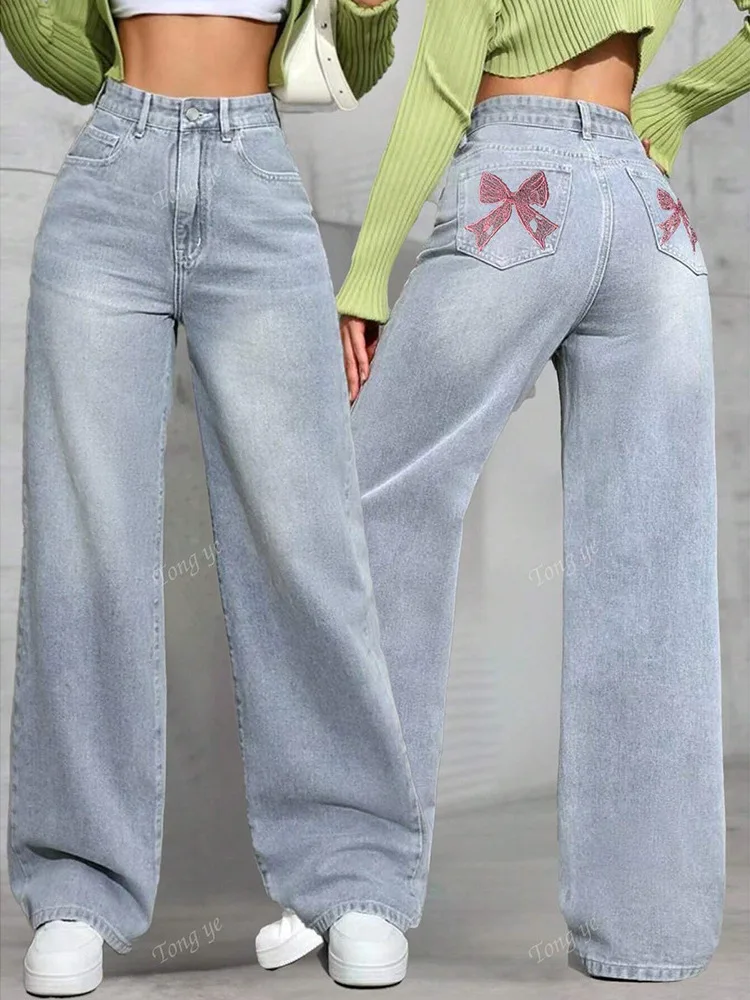 

Летние женские джинсы с высокой талией и принтом на заказ, утягивающие широкие брюки в пол с прямыми штанинами