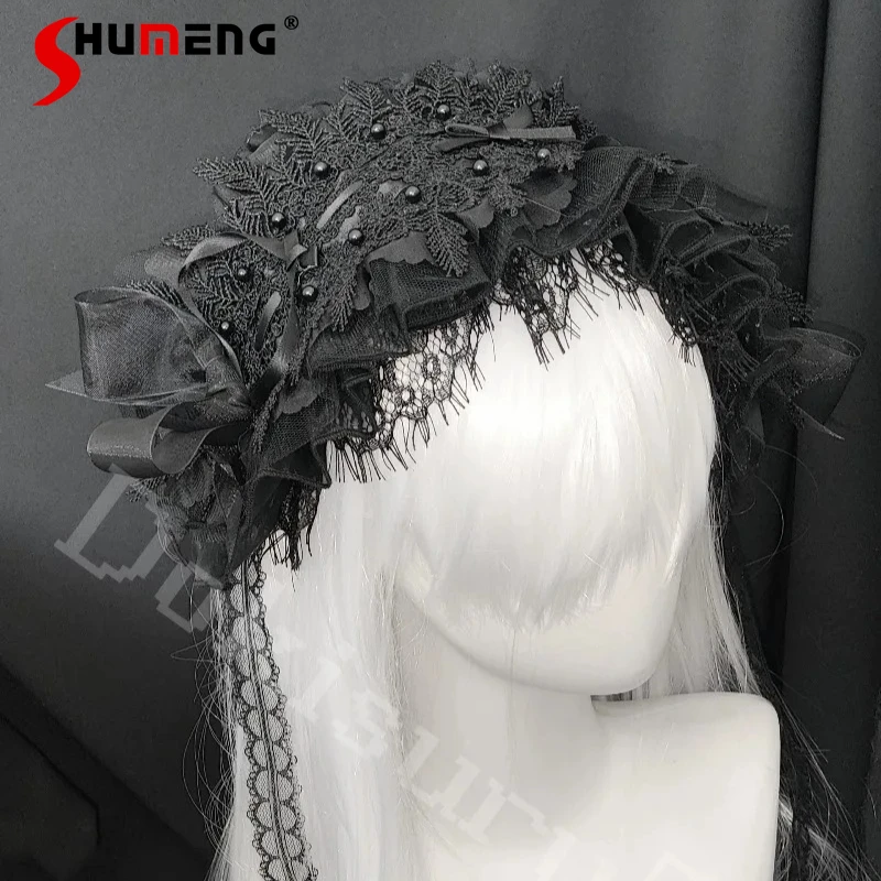 

Японский стиль, субкультура, Лолита, милая, милая, красивая повязка на голову, чистый черный готический свадебный кружевной зажим для ресниц, головные уборы, женские головные уборы