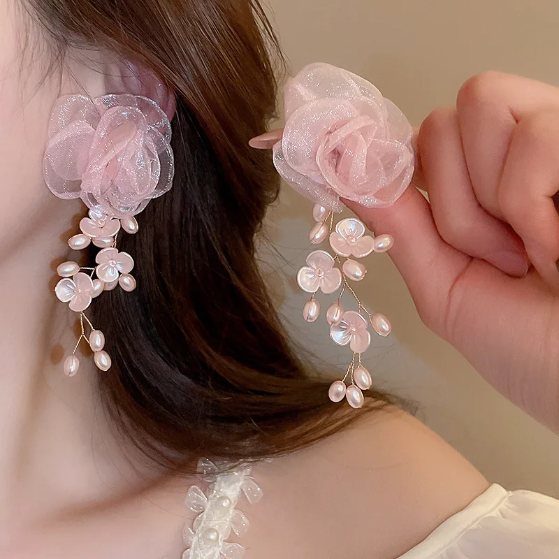 Pink Yarn Mesh Flowers Tassel Dangle Earrings for Women Sweet Girly Imitation Pearl Pendientes Fairy Party Ear Decoration K