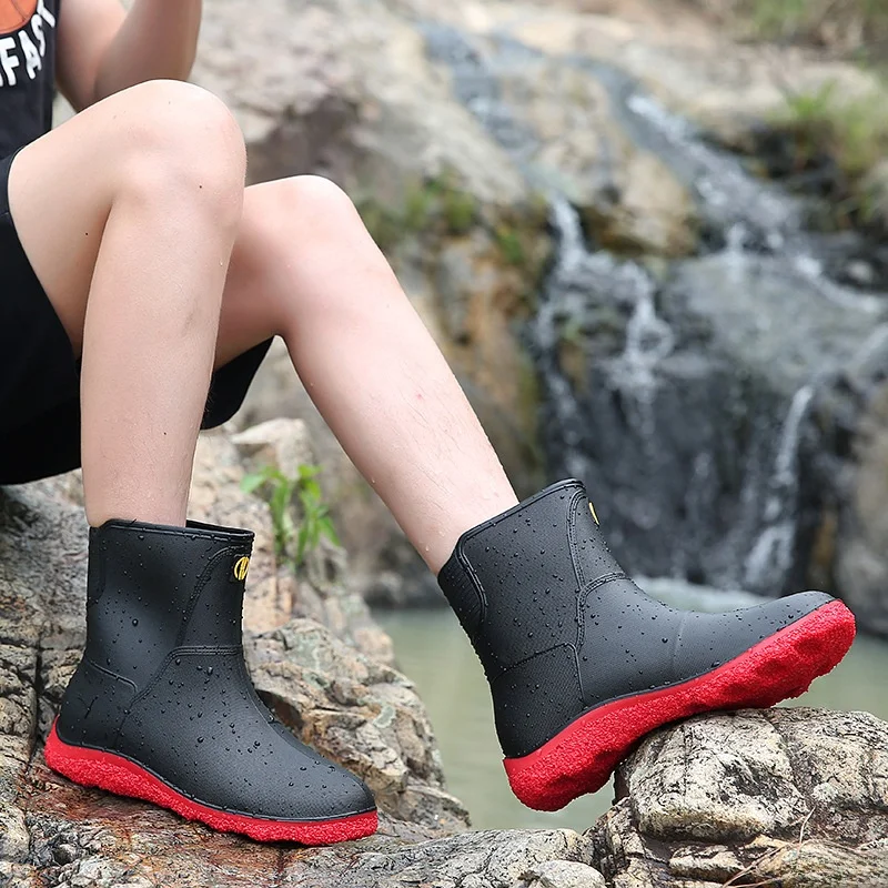 

Fashionable Men's Rain Boots Waterproof Thick Bottom Wear-Resistant Boot Wash Car Seafood Gathering Anti-Slip Cotton Warm