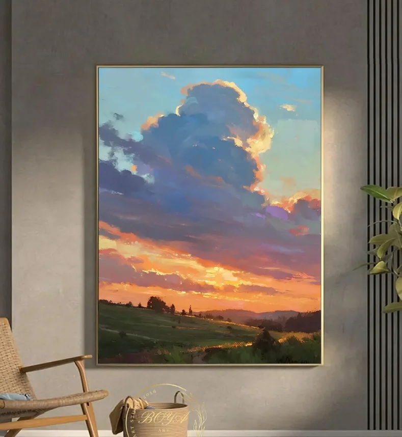 Sunset Countryside Landscape Wall Art, Impressionist Cloud Oil Painting, Vibrant Sky Scenery Print for Modern Home Decor