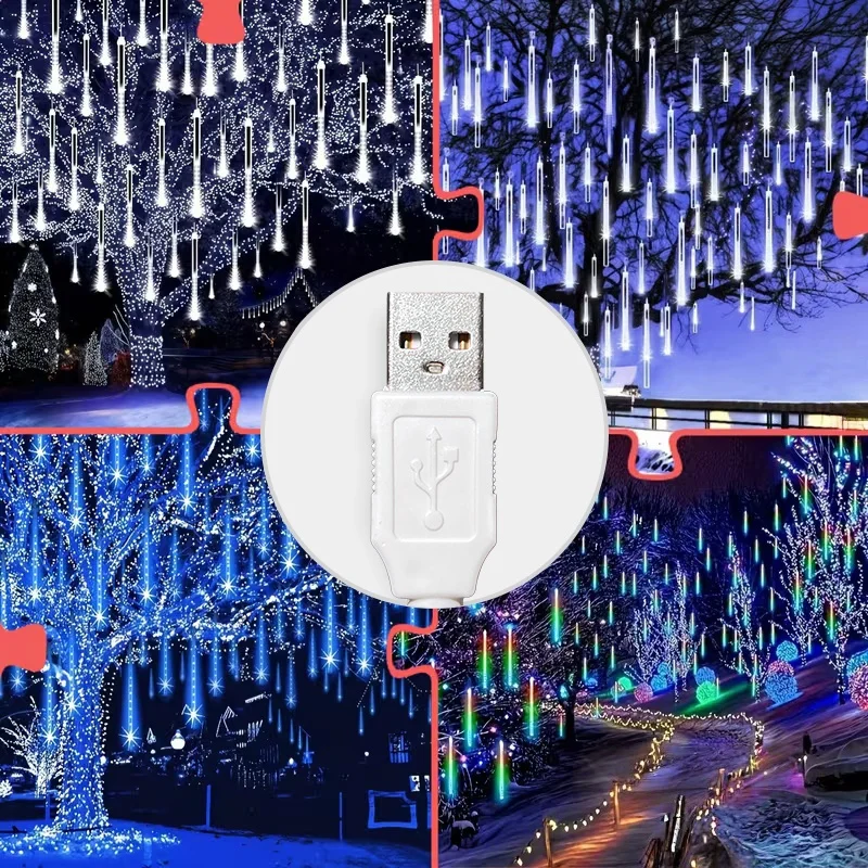 UUSB LED Falling Star Lights Meteor Rain String 30CM8Tubes 50CM8Tubes IP54 Waterproof Warm White Blue Colorful 8 Modes Holiday