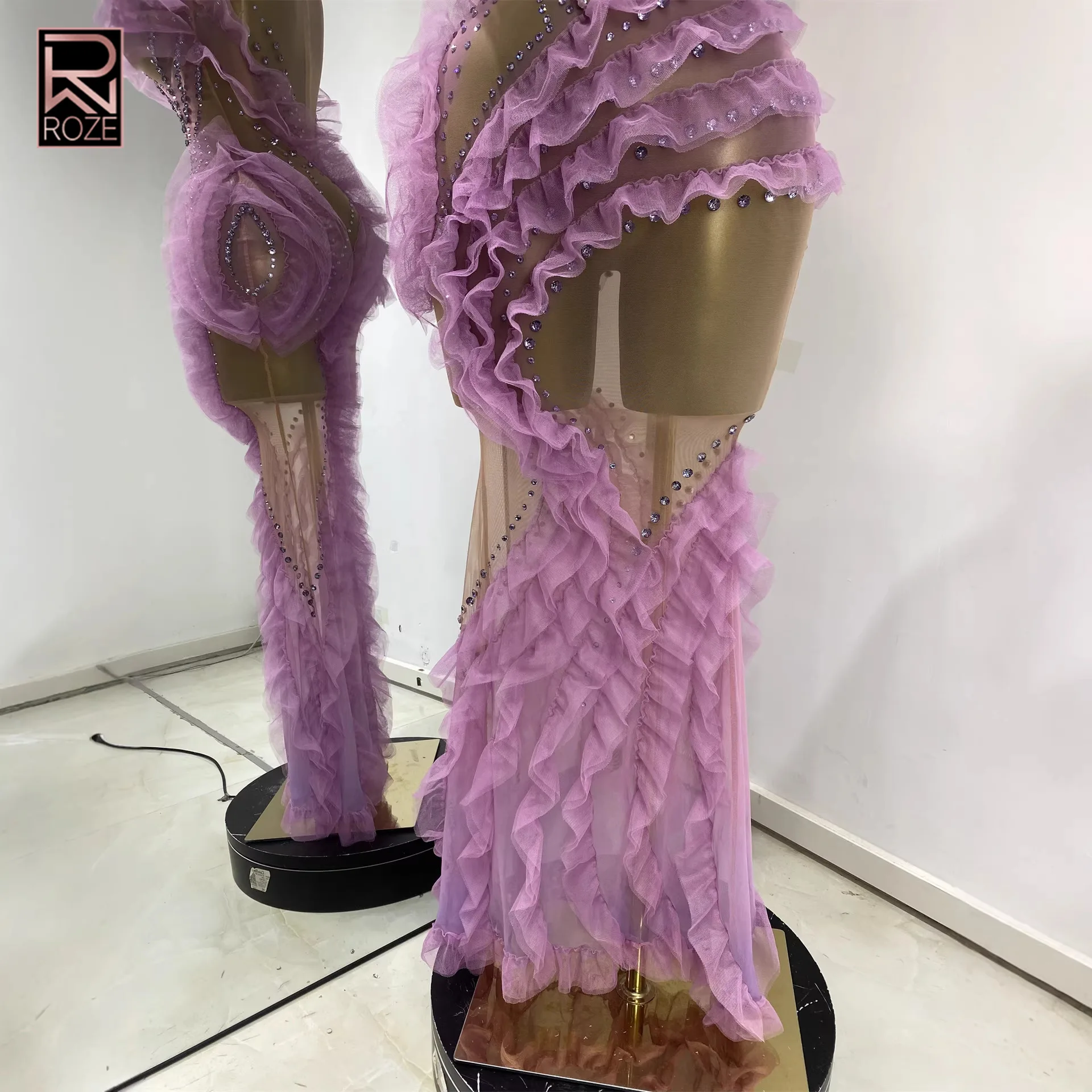 Vestido Maxi Roxo com Decote Halter em Tule Transparente com Renda e Strass para Mulheres, Vestido Sexy para Festas e Clubes