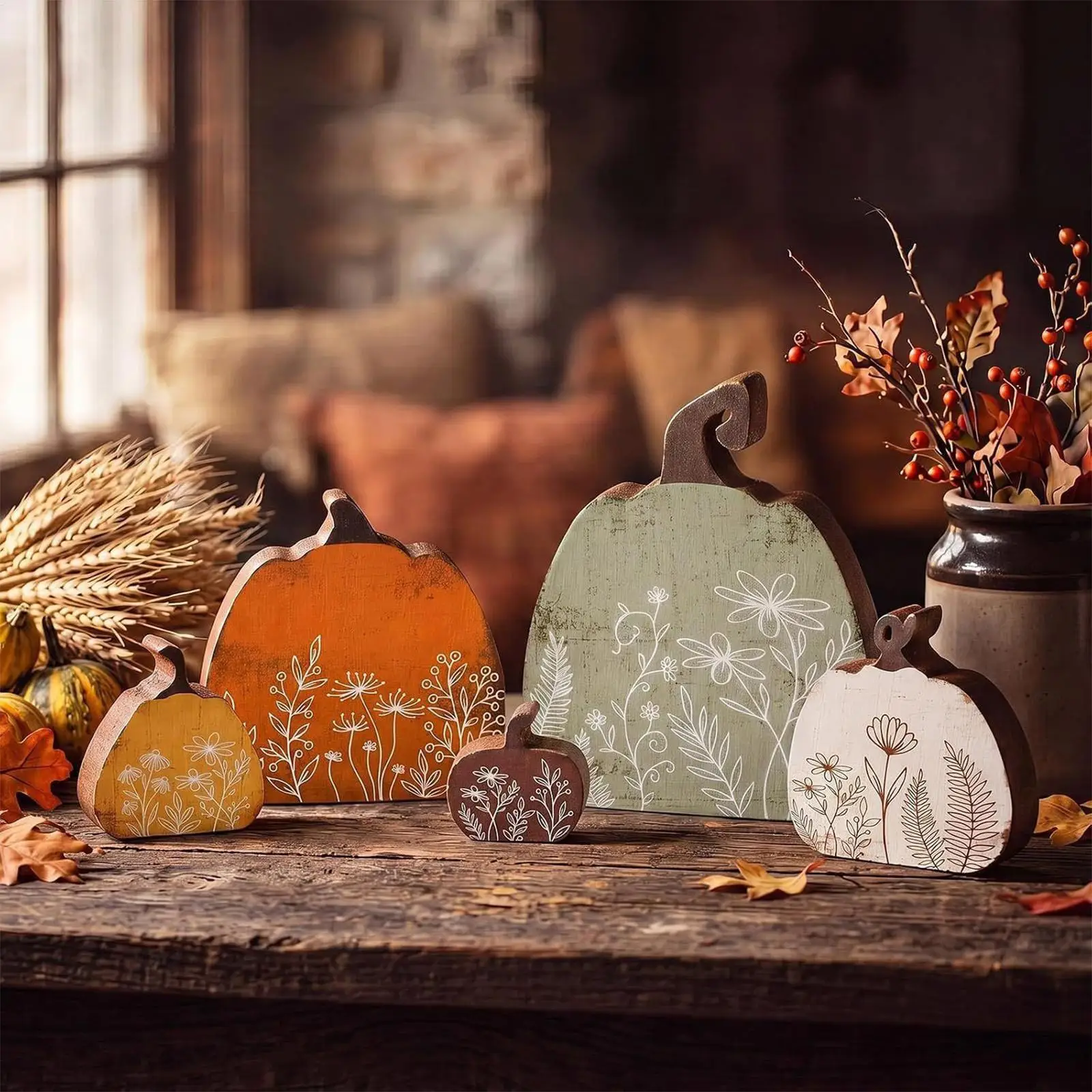 Thanksgiving Halloween Fall Wooden Pumpkin Tabletop Decor Floral Printed Pumpkin Ornaments Autumn Desktop Decoration for Home