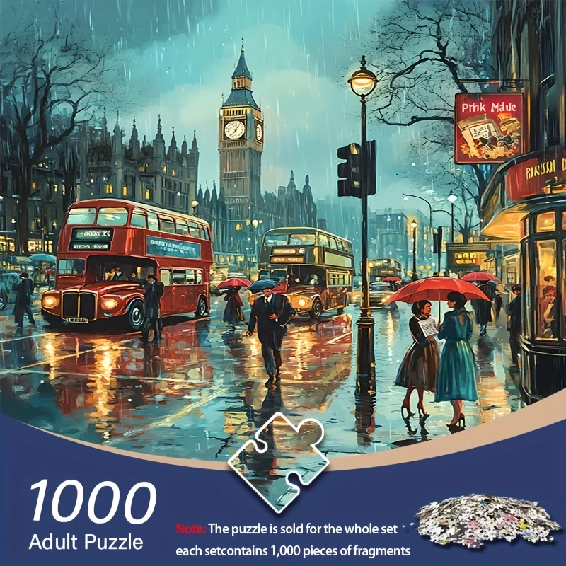 1000개 런던 거리 풍경 직소 퍼즐, 도전적인 38x38cm 정사각형 조각 - 두껍고 내구성 있는 종이, 가족에게 적합