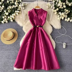 Sexy Chic sweet  satin Notched sleeveless Dress vintage Elegant Korean Fashion Party Basic Slim Summer pleated A-line dresses